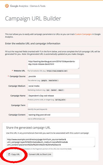 Campaign Builder interface populated ready to build tagged link