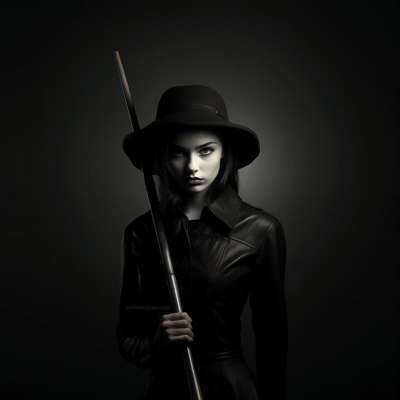Isabella stands tall in this flexible outfit that can go from day to evening with no changes. Jacket by Prada, hat by Philip Treacy, quarterstaff by Purpleheart Armory