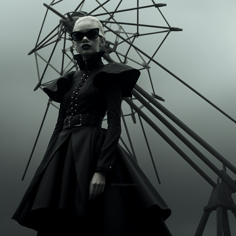 Seraphina domineers in this dramatic outfit, very trebuchic! Dress by Iris van Herpen, glasses by Oliver Peoples.