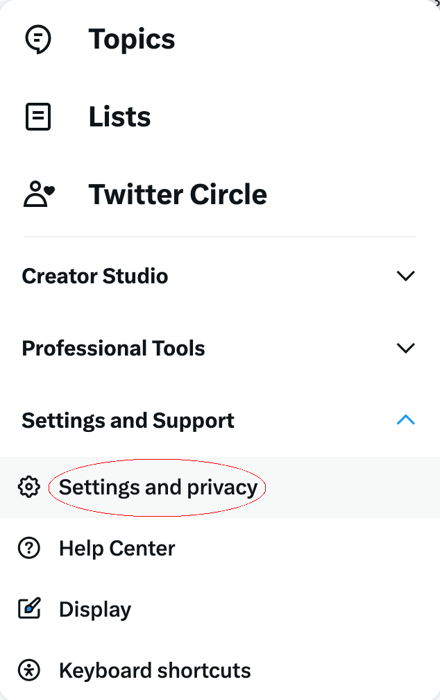 Screenshot of where to find the Settings and privacy option in Twitter’s interface, taken and highlighted by author