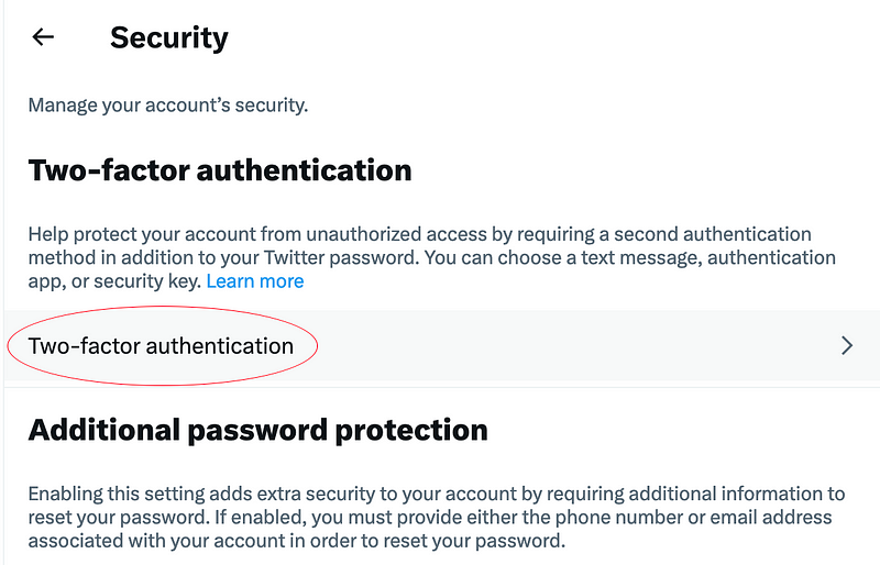 Screenshot of where to find the Two-factor authentication option in Twitter’s interface, taken and highlighted by author