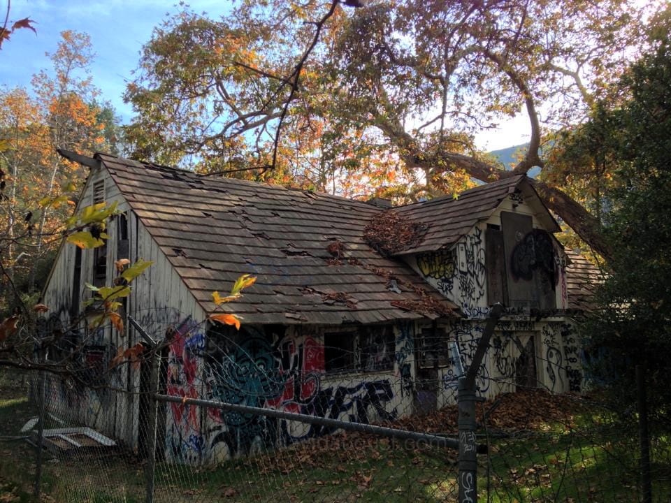 An old, dilapidated wooden shed-like shack covered in graffiti, surrounded by a chain-link fence and autumn foliage.