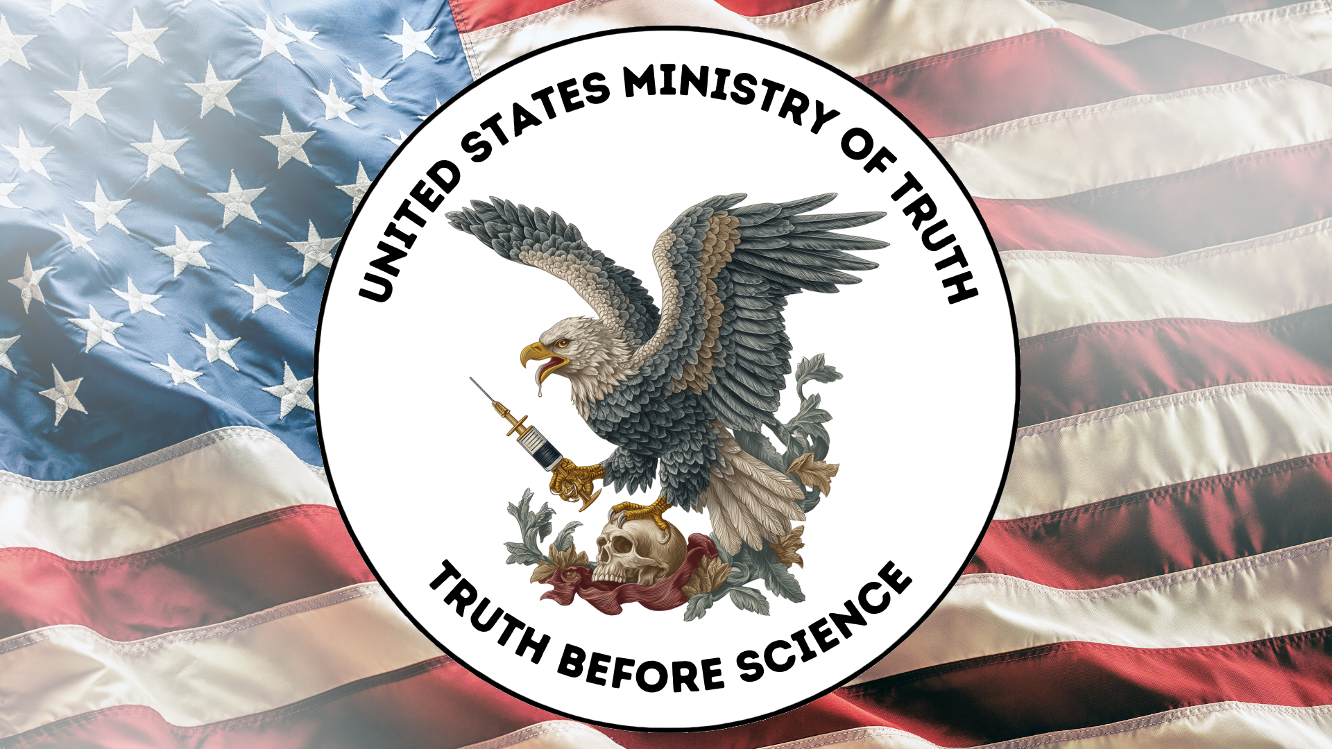 A satirical government seal for the "United States Ministry of Truth" featuring a drooling American eagle holding a syringe and perched on a skull, with the motto "Truth Before Science."