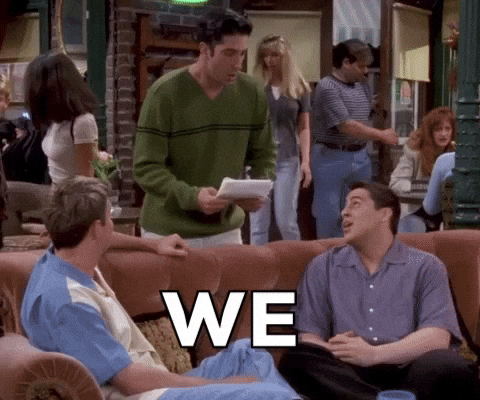 Ross on Friends tells people in Central Perk that they were on a break gif