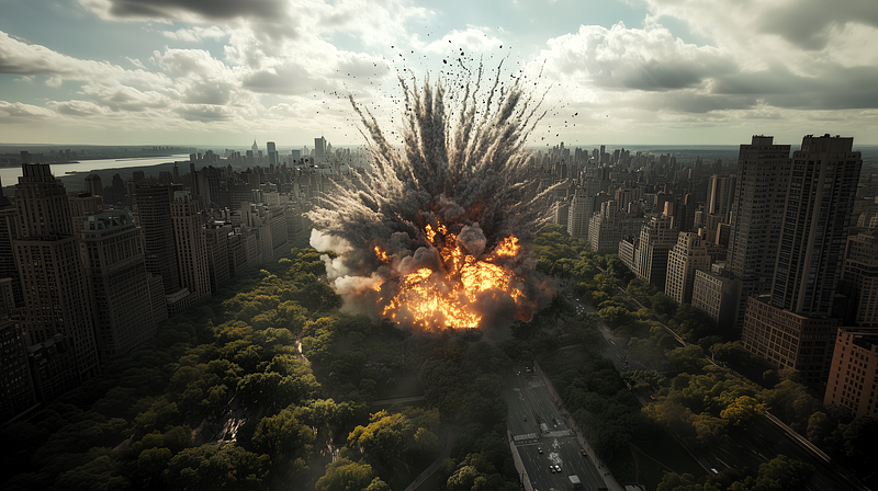 Dramatic aerial view of a large explosion occurring in the center of a city park: Central Park in New York City. The explosio