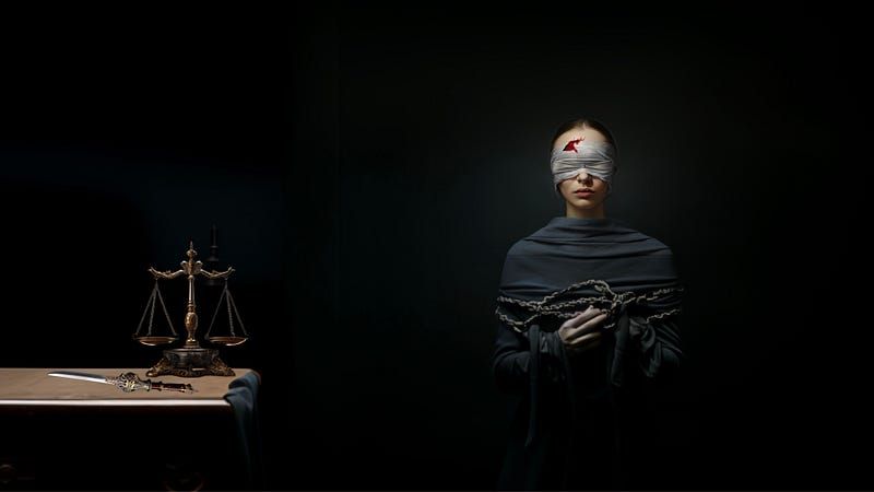 Justice stands bound and disarmed, her sword and scales on a table nearby, and she’s been roughed up with injury and blood co