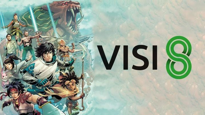 A group of drawn animated characters move forward dramatically, flanked by the logo text “VISI 8.”