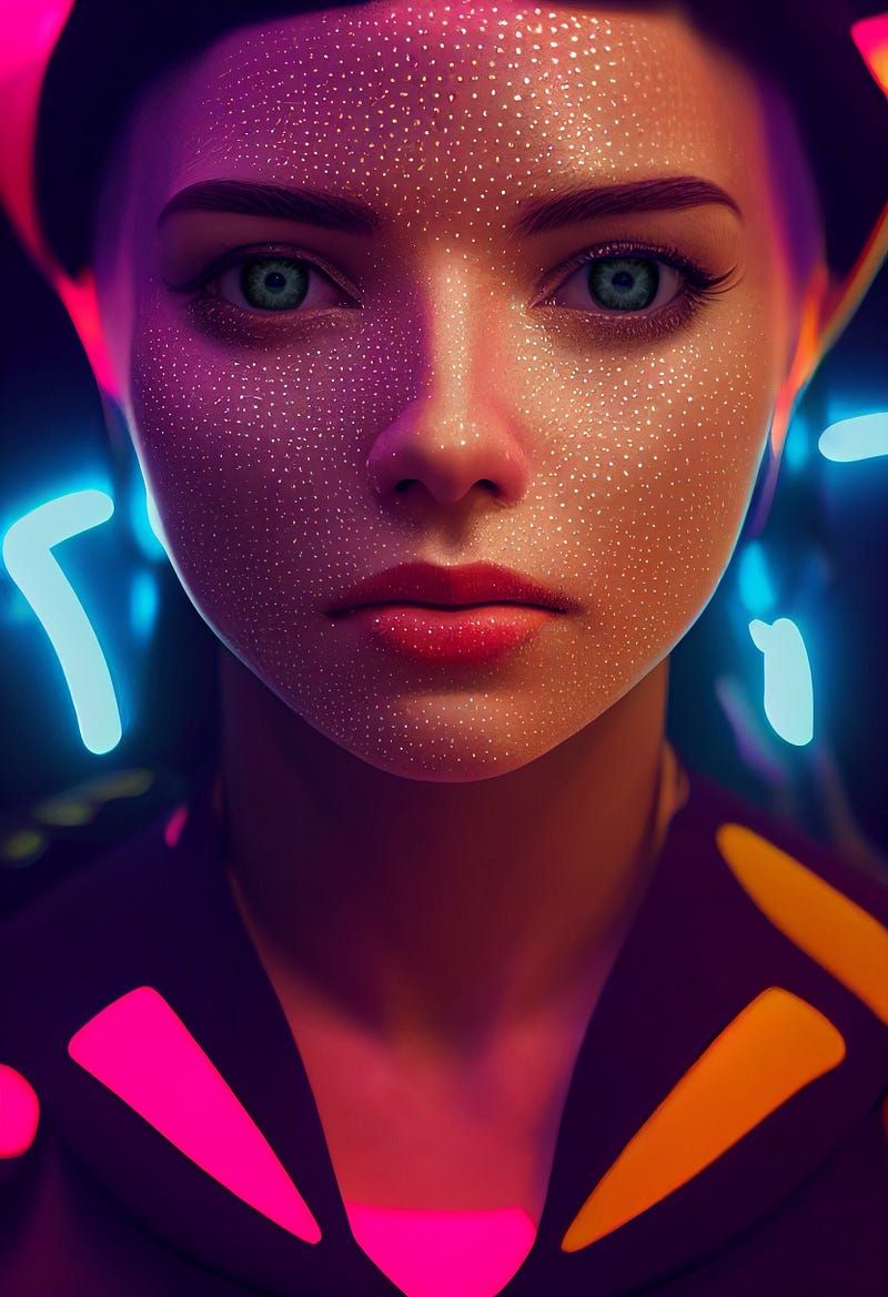 A futuristic looking woman poses straight towards the viewer, she seems at once synthetic and organic, and she is determined.