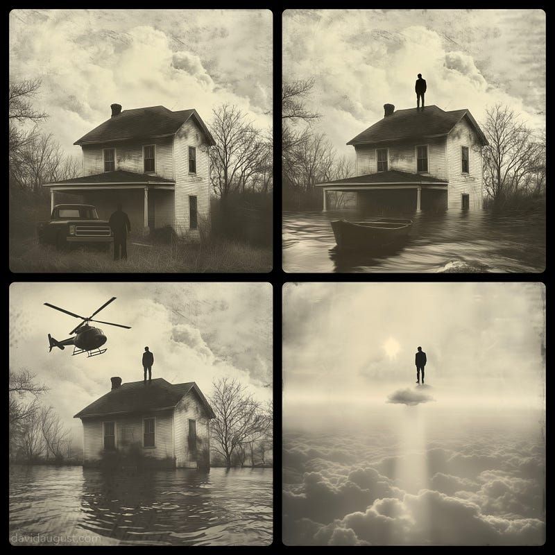 Surreal 4 panel collage in sepia: lone figure by house, then on roof in floodwaters with boat floating, then overflown by a helicopter, and finally floating on a cloud in sunlight.
