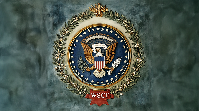 Modified seal of the United States with the eagle in the middle head turn toward the olive branches, a ribbon banner in its m