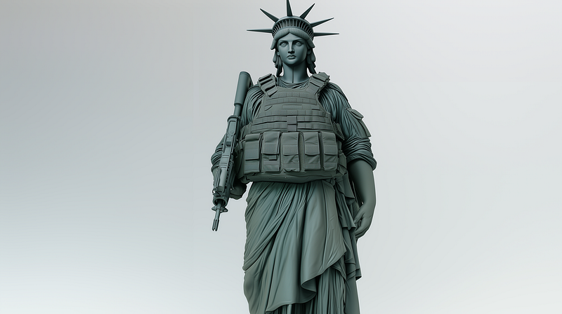 Illustration of the Statue of Liberty wearing a tactical vest, holding an M4A1 rifle and standing with a resolute expression.