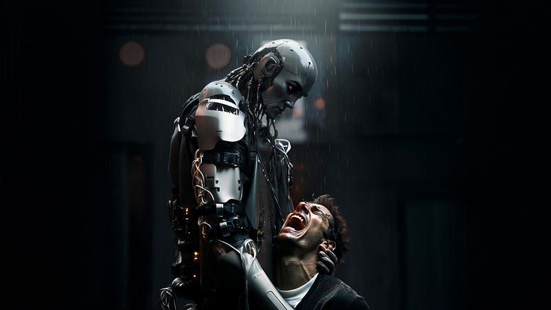 Standing in the rain, a robot cradles a human who knells and is screaming in distress as the robot holds them with either car
