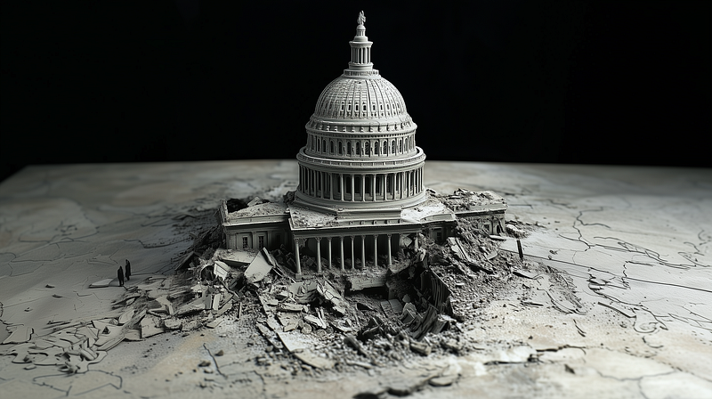 A grayscale model of the U.S. Capitol building lies in ruins, surrounded by debris and cracks, evoking a sense of destruction