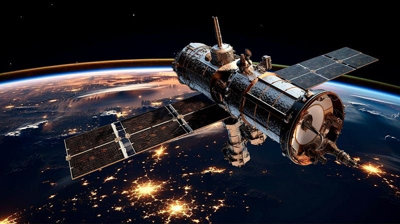 A satellite is on station above the earth near the twilight boundary of night and day.