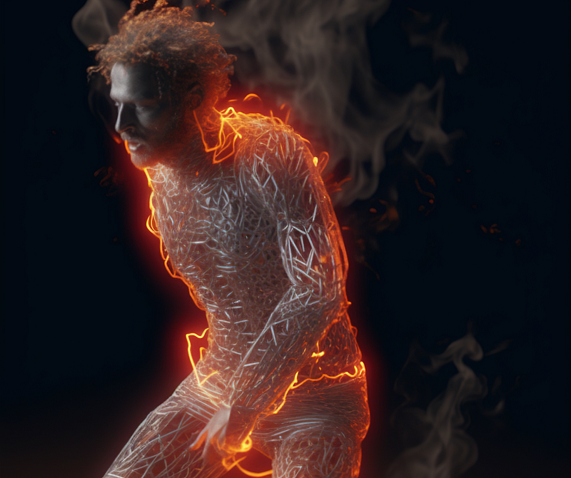 A figure, with body made of wire-frames, stands partly on fire and burning in a black void.