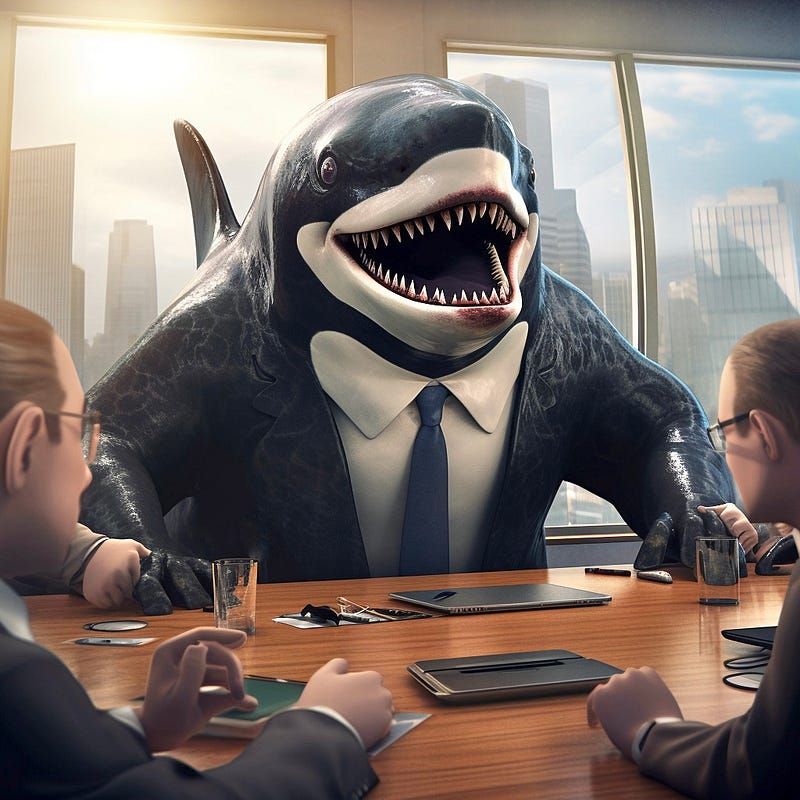 An Orca in a suit sits behind a desk in a corporate meeting with a demanding posture.