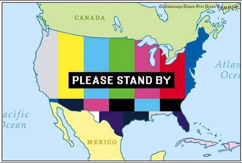 map of the continental US as a TV test pattern "Please Stand By" - Chattanooga Times Free Press, Bennett