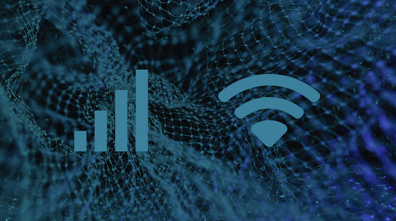 A digital illustration featuring a bar graph and a Wi-Fi symbol, set against a dark, abstract background with a network-like pattern.