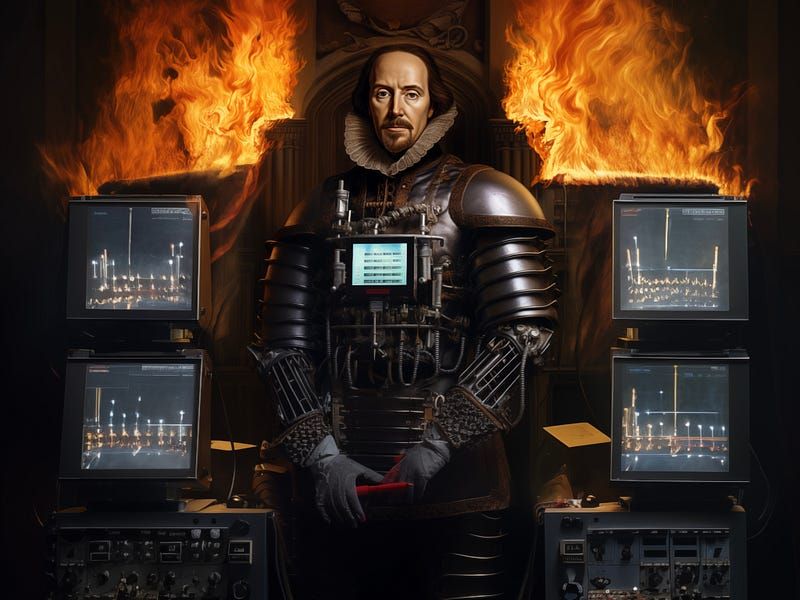 William Shakespeare but his is a cyborg standing among racks of computer servers as fore rages out of control behind him; the