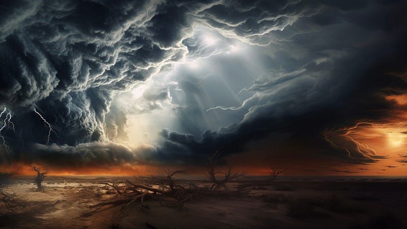 Storm clouds over a barren ground, shafts of like poking through the clouds and a meanacing reddish sky near the horizon.