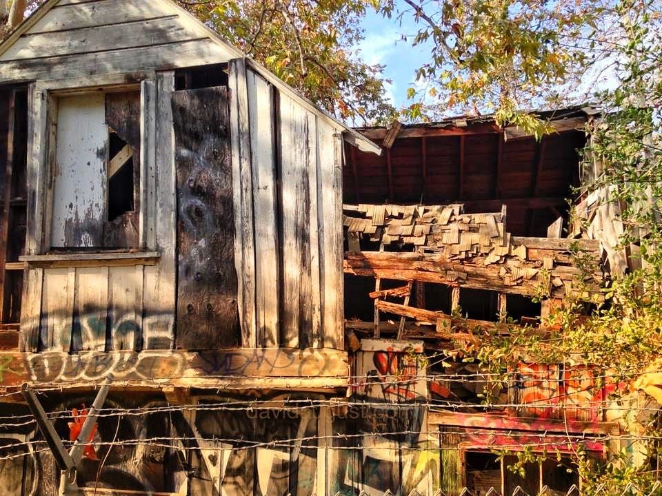 A dilapidated wooden structure with broken walls, windows and roof, surrounded by graffiti and overgrown vegetation, with a barbed wire fence in the foreground.