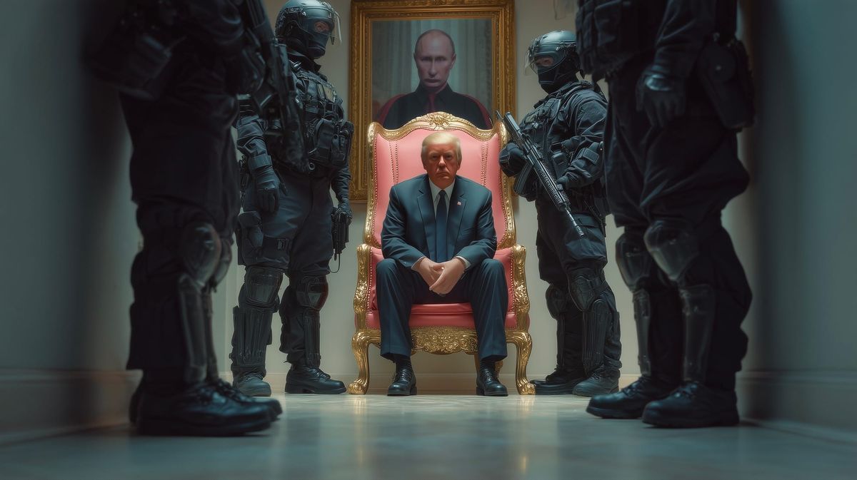 trump in a suit sitting on an ornate golden chair, flanked by four armed tactical officers in full black gear, with a portrait of putin on the wall behind them.