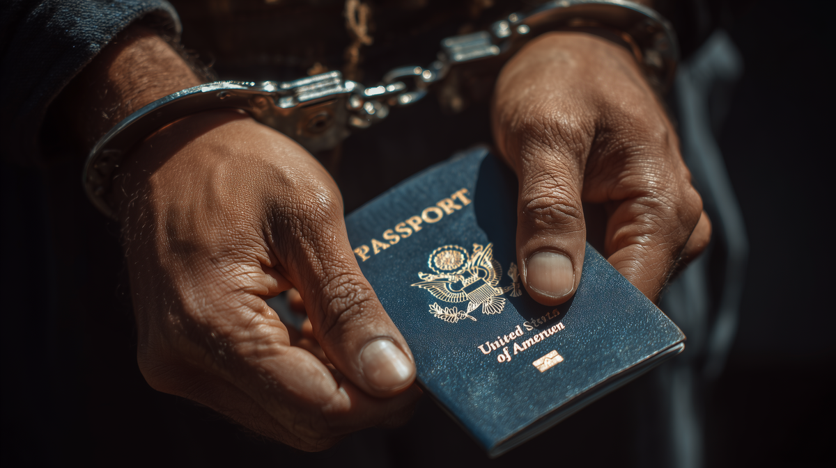 A pair of hands in handcuffs holding a United States of America passport.