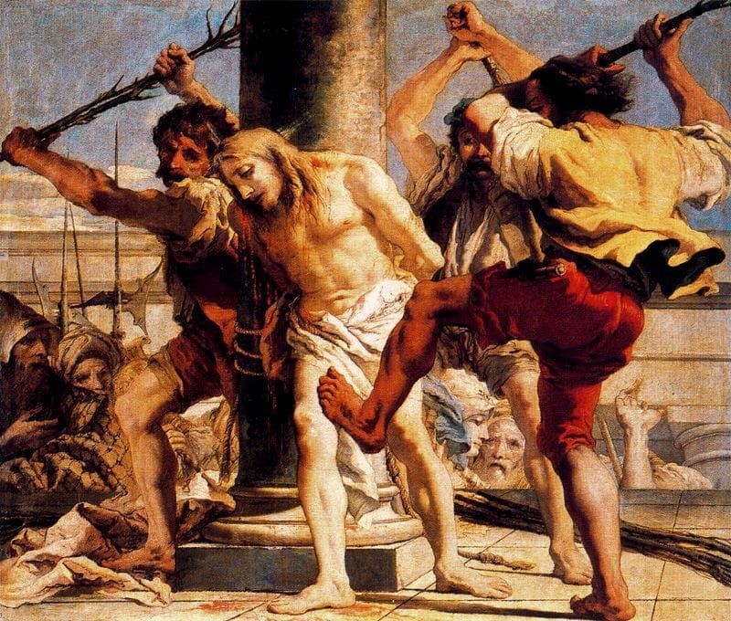 Flagellazione by Giovanni Domenico Tiepolo - Jesus is bound against a column and being beaten, flogged and kicked by Roman Centurion captors. Jesus is resigned and pained, colors are vivid.