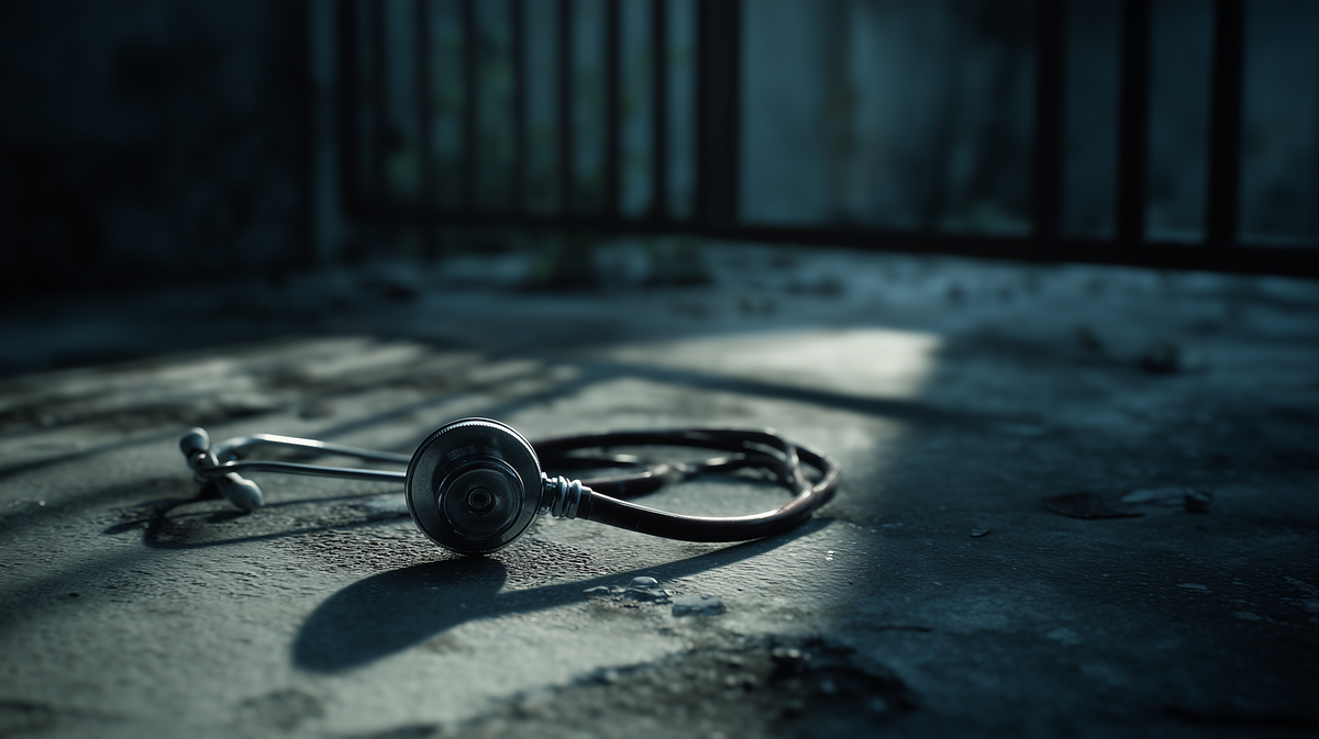 Stethoscope lying on a concrete surface in low light, with a blurred bars in the background.