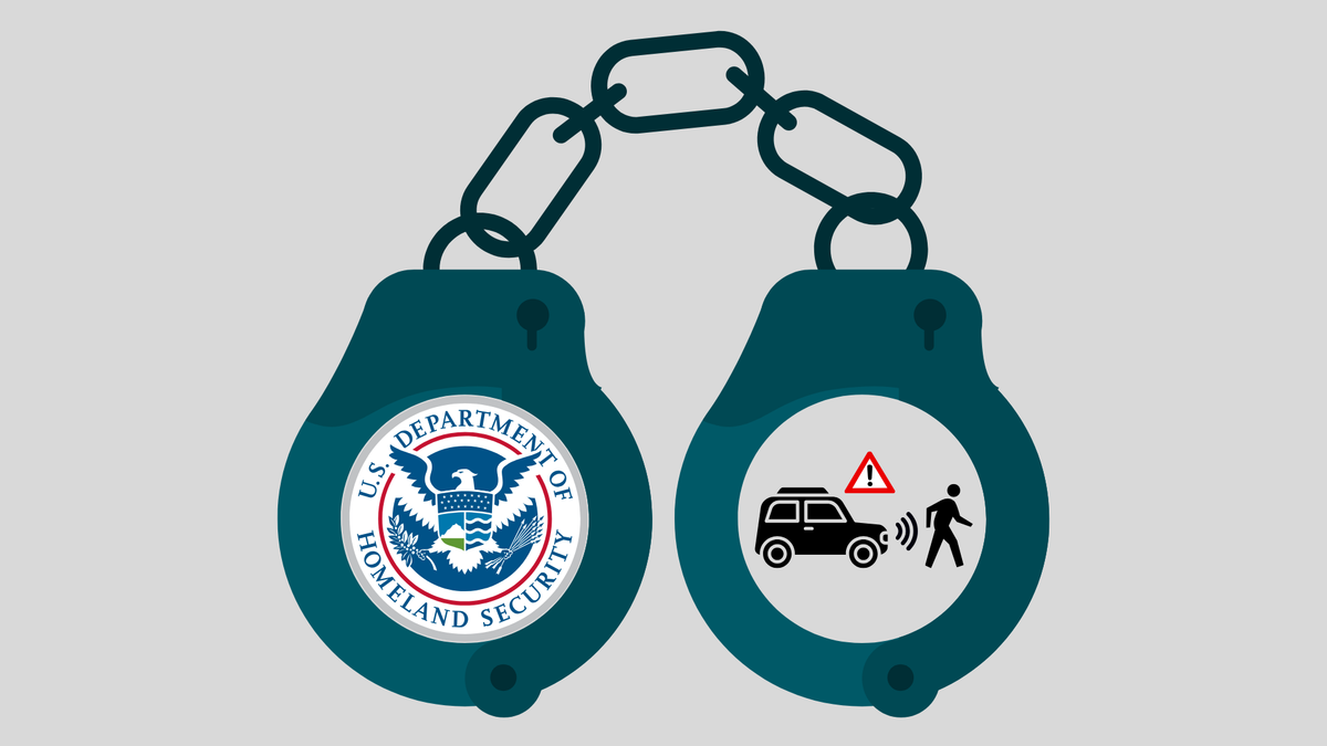 Handcuffs with one cuff showing the U.S. Department of Homeland Security emblem and the other showing an icon of an suv encoutnering a pedestrian and auto-braking.