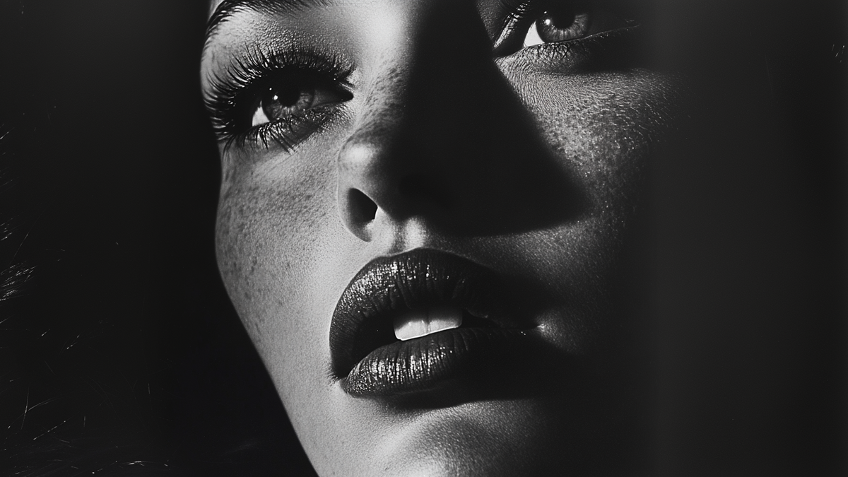 A black-and-white close-up of a person's face with dramatic lighting, long eyelashes, and glossy lips.