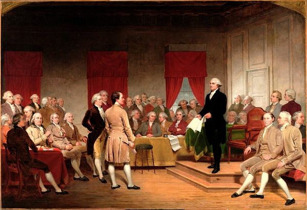 The painting “Washington as Statesman at the Constitutional Convention” by Junius Brutus Stearns depicts George Washington pr