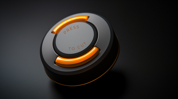 A black button with orange lit highlights and the words “Press to Cut” written on it.