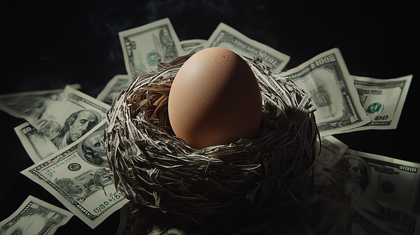 A hyper-realistic image of a large brown egg resting in a nest made from shredded U.S. 100-dollar bills. The nest is surround