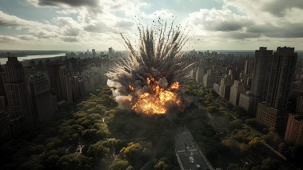 Dramatic aerial view of a large explosion occurring in the center of a city park: Central Park in New York City. The explosio