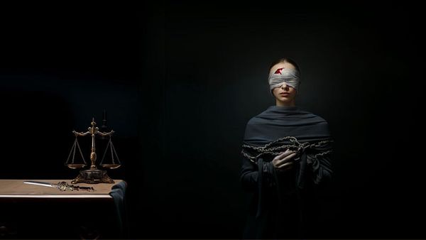 Justice stands bound and disarmed, her sword and scales on a table nearby, and she’s been roughed up with injury and blood co