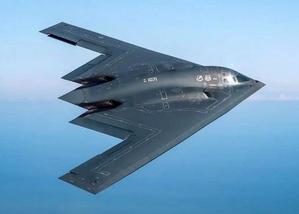 B-2 bomber in flight, it is shaped a little like a Dorito chip.