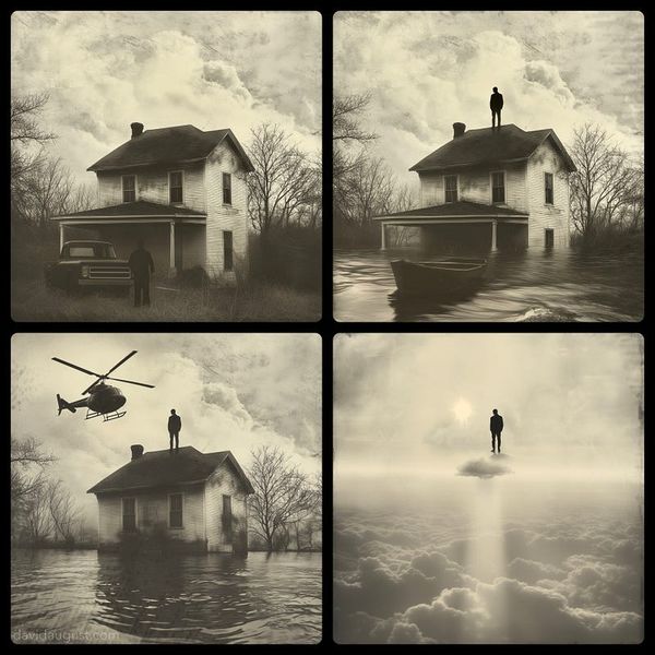 Surreal 4 panel collage in sepia: lone figure by house, then on roof in floodwaters with boat floating, then overflown by a helicopter, and finally floating on a cloud in sunlight.