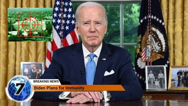 Still from TV of President Biden making an Oval Office address, news chyron has a channel 7 logo and says, “Breaking News — B