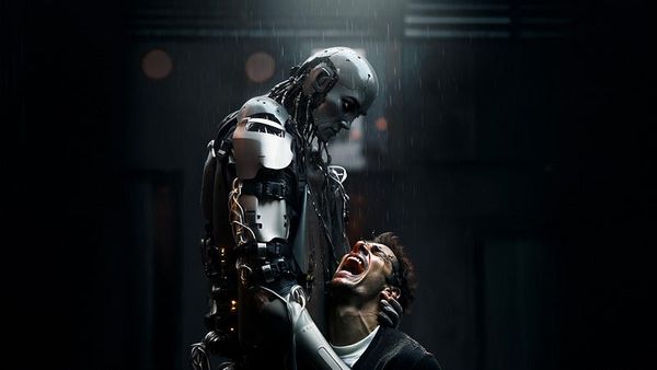 Standing in the rain, a robot cradles a human who knells and is screaming in distress as the robot holds them with either car
