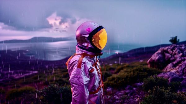A person wearing a reflective astronaut helmet and suit stands outdoors in a surreal, dreamlike landscape.