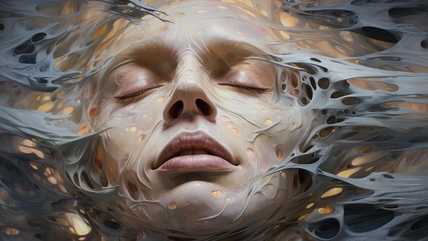 A pale face, fraught and at rest, swirls in a morass of material they’re settling into.