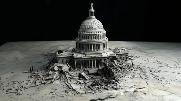 A grayscale model of the U.S. Capitol building lies in ruins, surrounded by debris and cracks, evoking a sense of destruction
