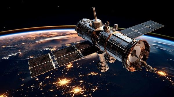 A satellite is on station above the earth near the twilight boundary of night and day.