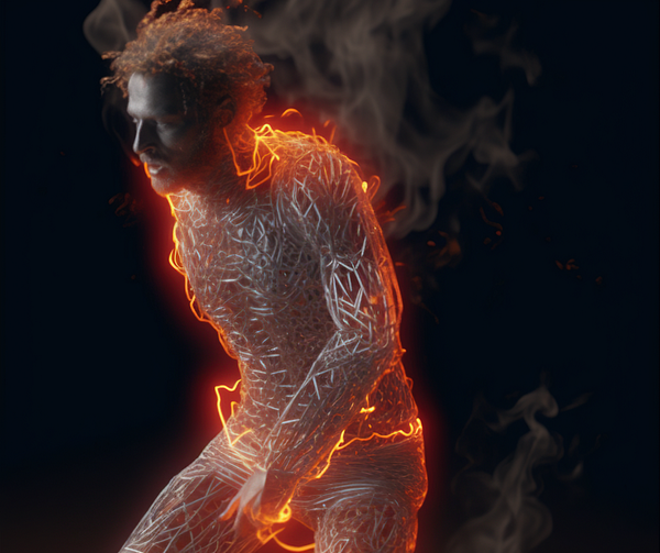 A figure, with body made of wire-frames, stands partly on fire and burning in a black void.