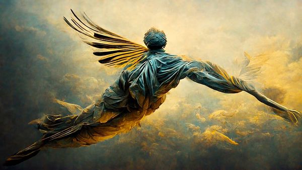 A statue of a winged figure with outstretched arms, set against a backdrop of dramatic, cloudy skies with a mix of dark and golden hues.