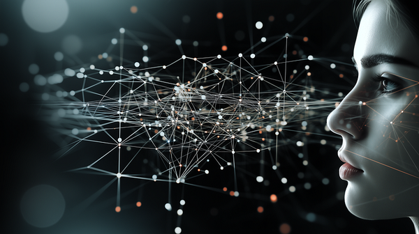 Profile view of a human face set against a dark background. The face is illuminated softly, and a complex web of interconnect
