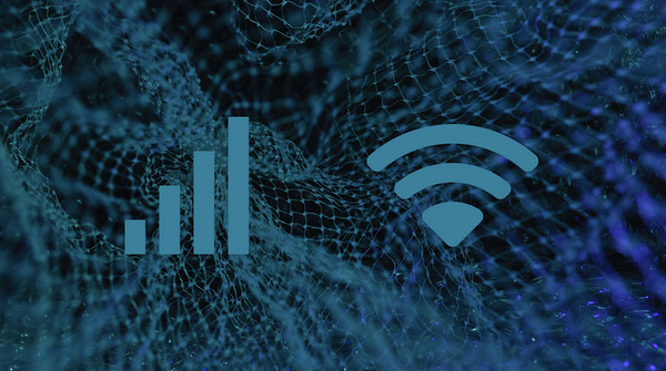 A digital illustration featuring a bar graph and a Wi-Fi symbol, set against a dark, abstract background with a network-like pattern.