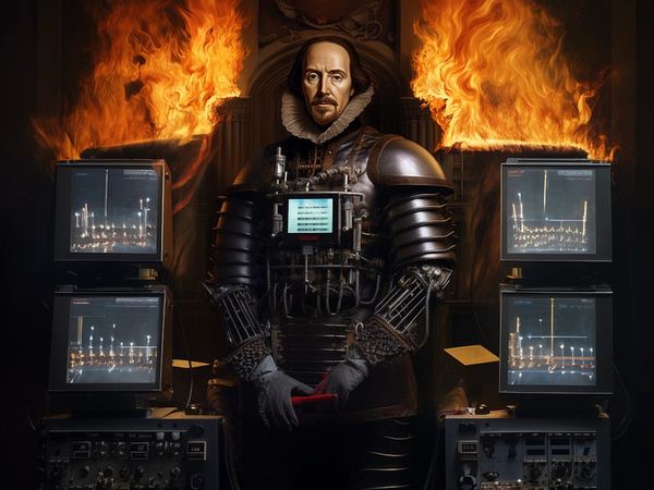 William Shakespeare but his is a cyborg standing among racks of computer servers as fore rages out of control behind him; the