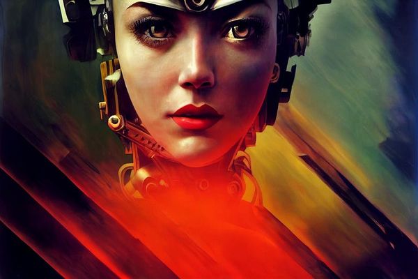 A robot’s human-like face looks back at us amidst a chaotic background.